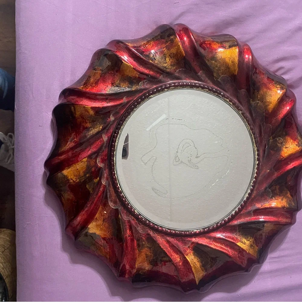 Decorative Swirl Round Wall Mirror in Red and Gold